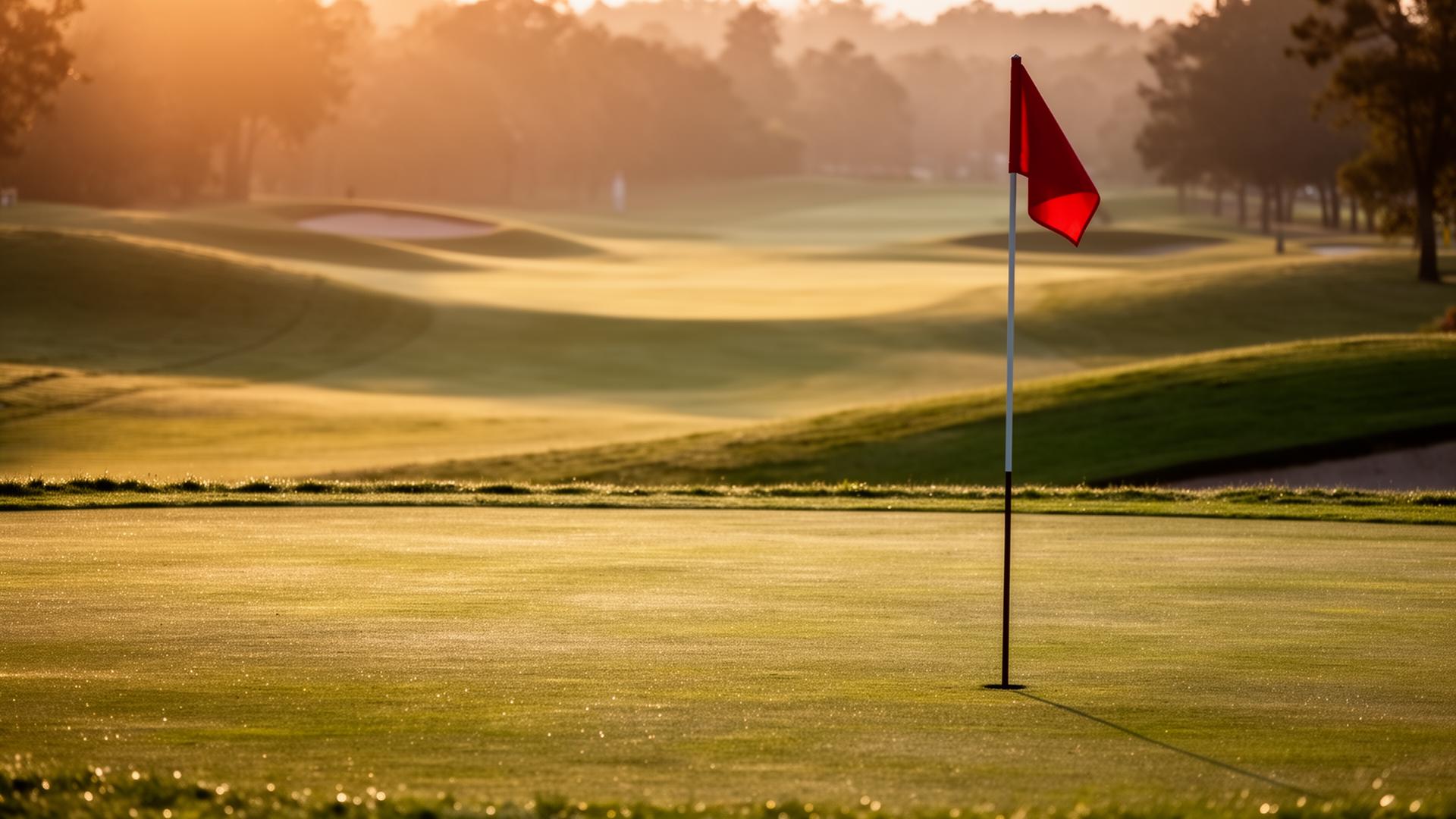 Flagstick on the green at sunrise