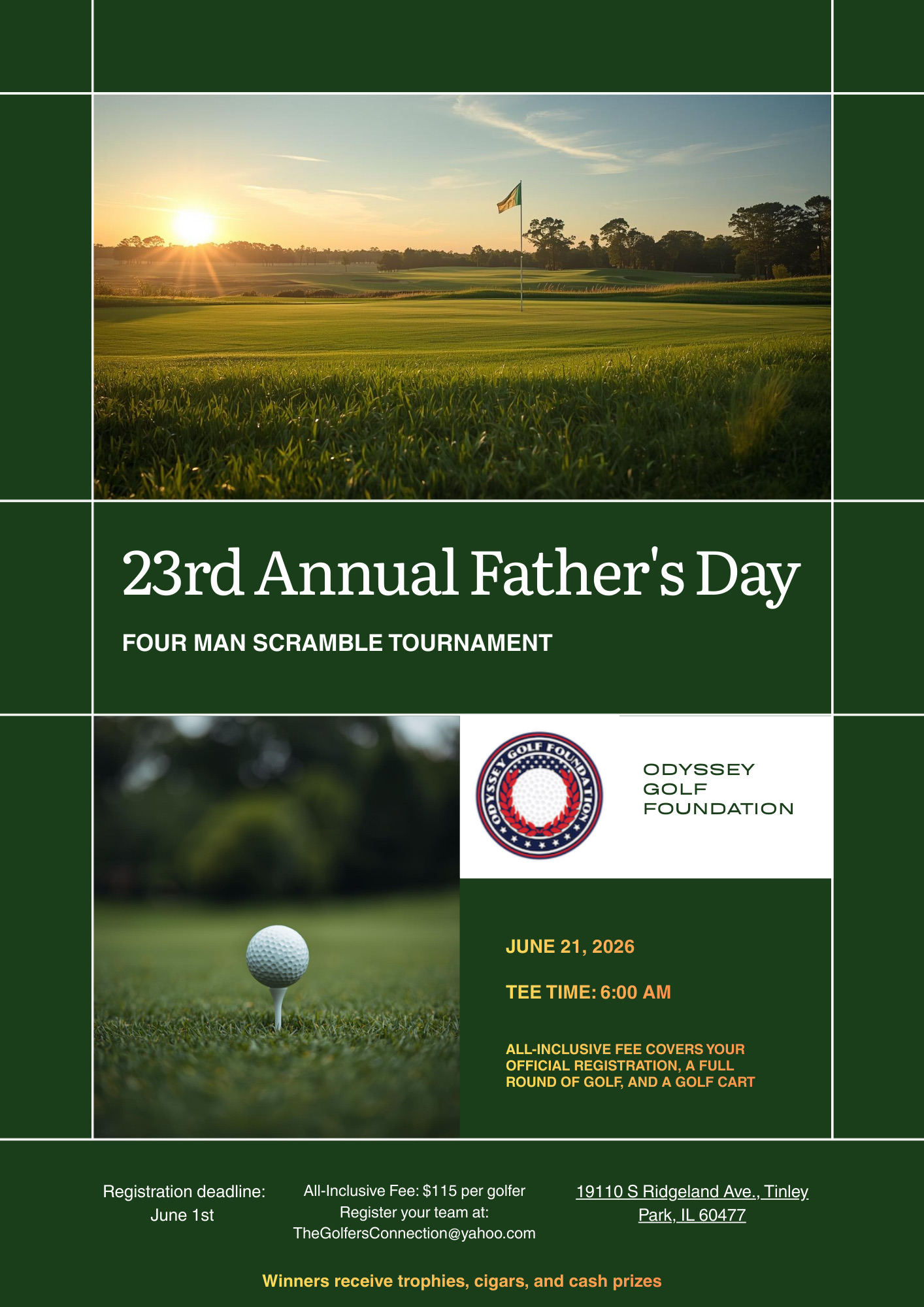 23rd Annual Father's Day Four-Man Scramble Tournament flyer — June 21, 2026 at Odyssey Golf Foundation, Tinley Park, IL